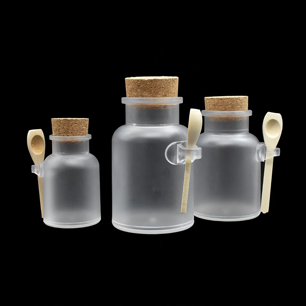 Durable 100ml 200ml 300ml plastic bath salt bottle matt clear ABS cosmetic packaging with wooden spoon cork in stock
