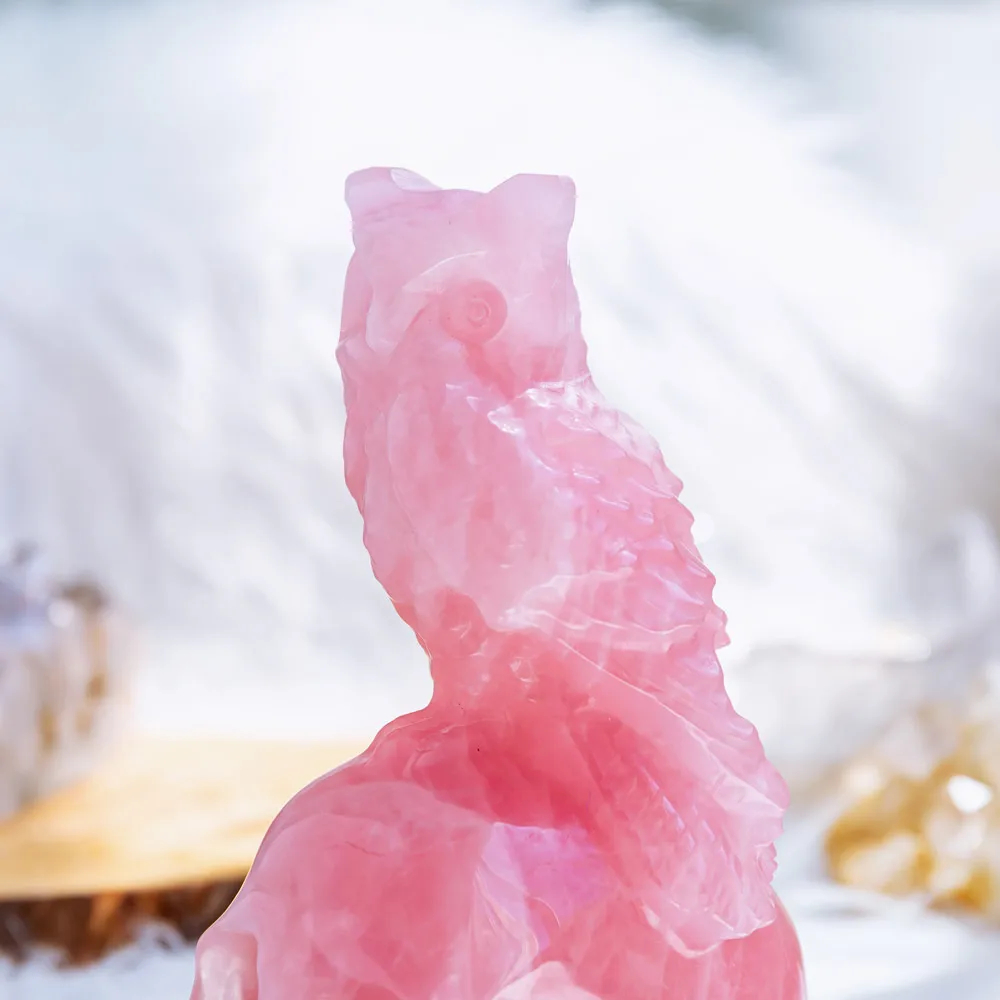 Wholesale Natural Polished Hand Carved Rose Quartz With Owl Crystal Skulls Folk Crafts Healing Stone For Home Decoration