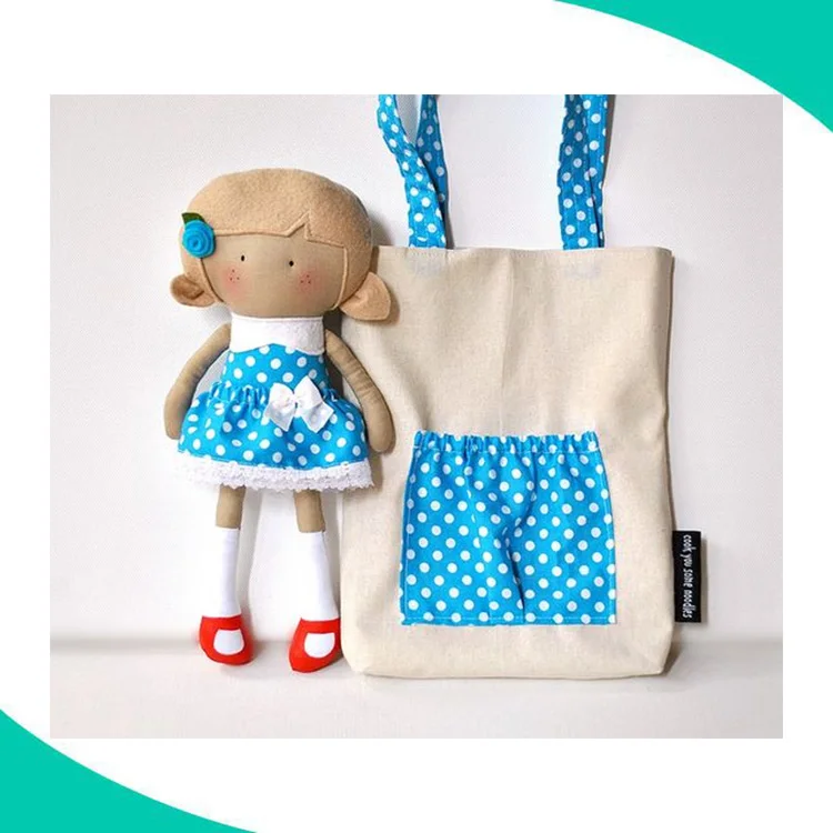 Custom plush cotton canvas fabric handbag with rag doll on it single-shoulder bag for girls