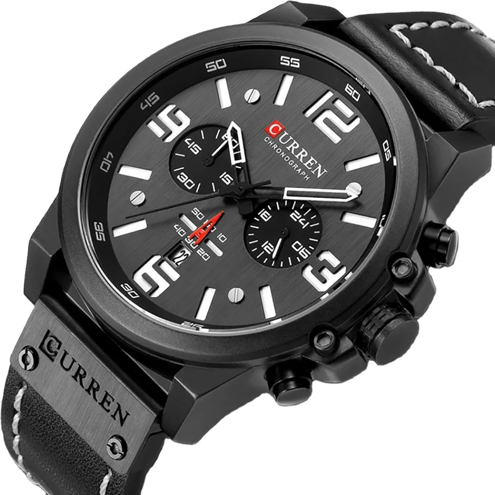 Fashion Leather Sport Quartz  Case Mechanical Automatic Watch Men Chronograph Waterproof Wrist Watch