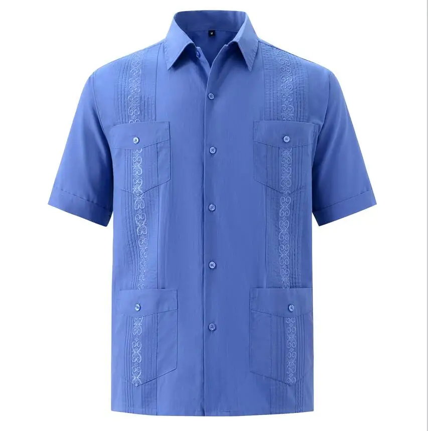Высококачественные мужские рубашки Guayabera с коротким рукавом и вышивкой