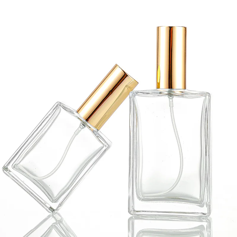 Luxury 30ml 50ml 100ml Clear Glass Perfume Atomizer Bottle Flat Shoulder Square Design with Fine Mist for Cosmetics