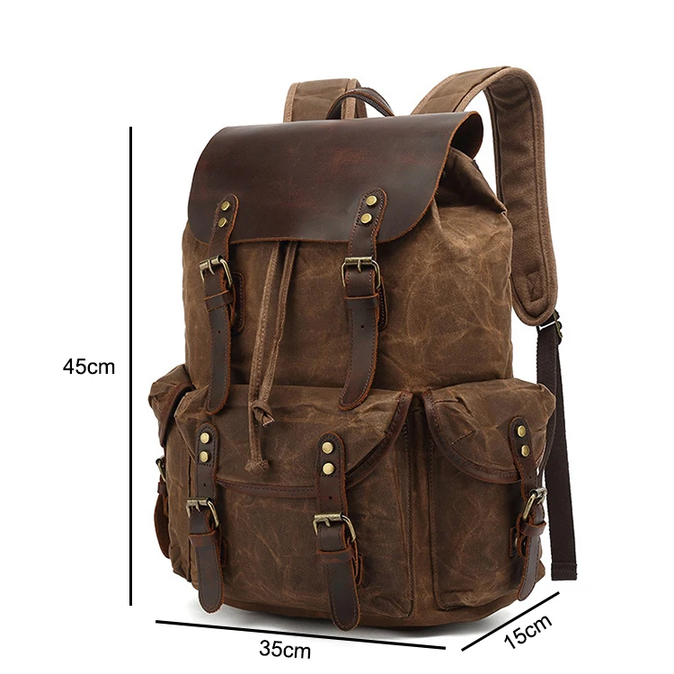 Genuine Leather Canvas Waxed Backpack Large School Bag Travel Rucksack Laptop Bag