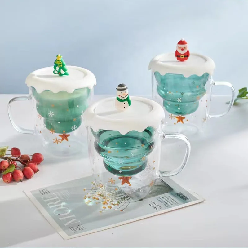 Wholesale 300ml Christmas Wishing Mugs Green Christmas Tree Shaped Cups Double Wall Glass Cups with Santa Clause Snowman Lid
