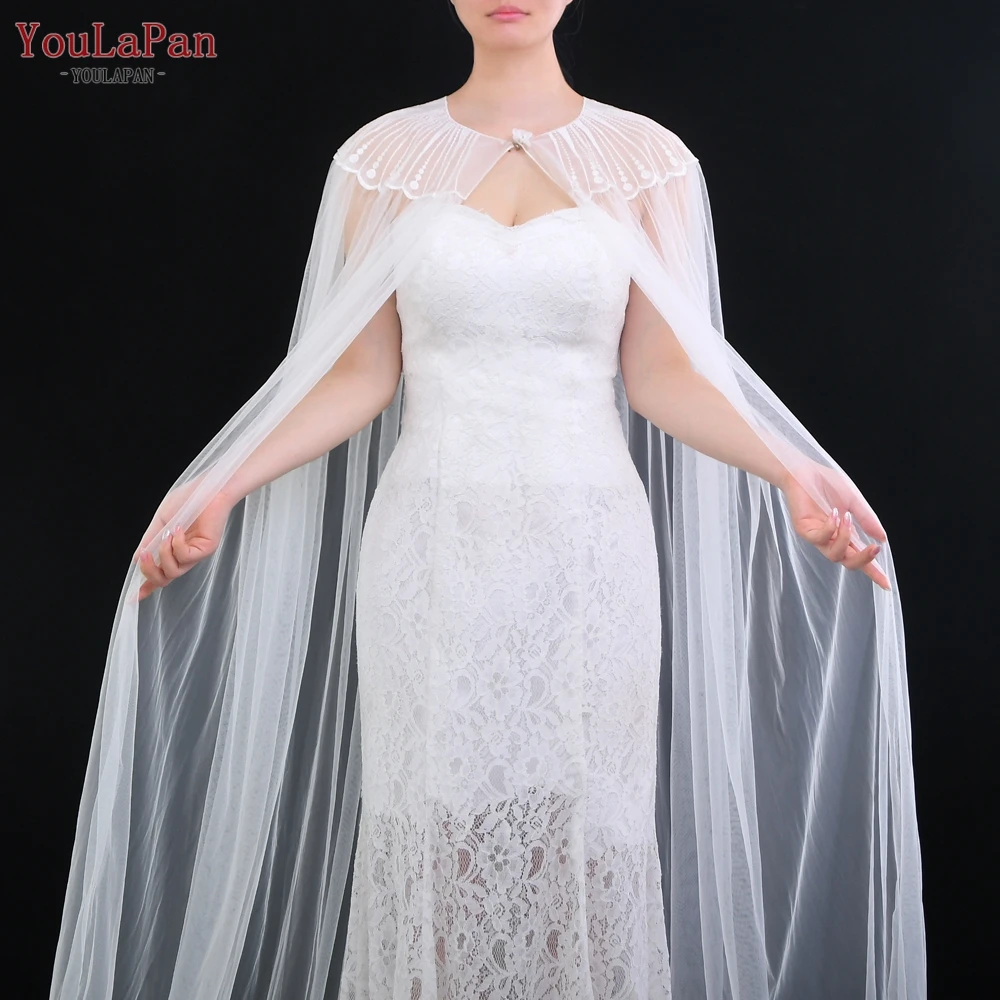 YouLaPan VG24 Long Cathedral Wedding Bridal Shawl Summer Tulle Lace Round Neck Party Evening Wrap Cape