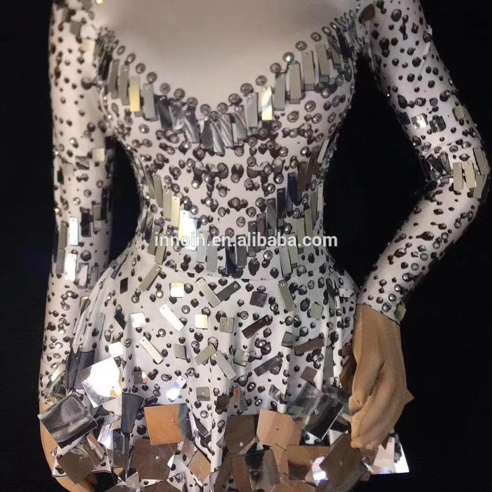 Short Shinning Silver Mirrors Stone Dress Female Singer Dancer Bright Bodysuit Costume One-Piece Nightclub Outfit Party Dresses