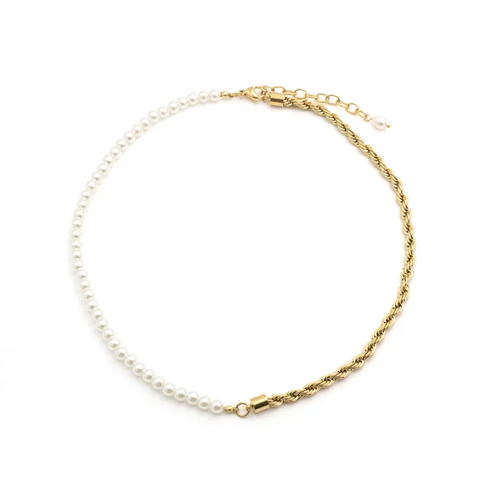 Minority Luxury Gold Collarbone Chain Stainless Steel Europe And The United States Fashion Twist Chain Spliced Pearl Necklace