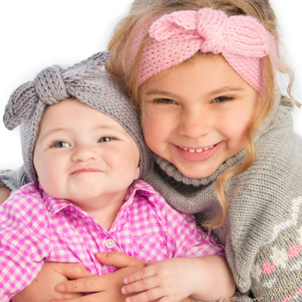 HZO-24130 Hot selling kids knitted hair bands solid color bunny ear hair wraps little girls bow knot crochet headbands for baby