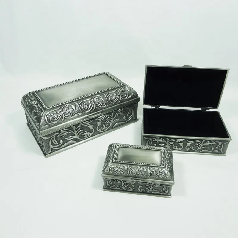 Zinc alloy large rectangle jewelry box with classical flower patternin in pewter plated