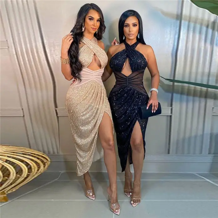 C9290-wholesale long sleeve halter sequin dress party evening dresses women elegant