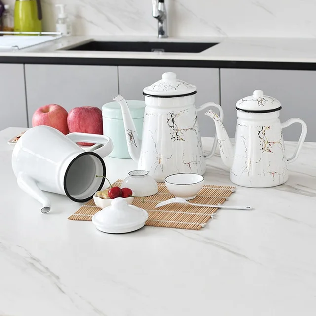 1.2L Enamel Coffee Pot Hand Tea Enamel Kettle Induction Cooker Gas Stove Universal Hand Water Teapot Vintage Home Decor Tools