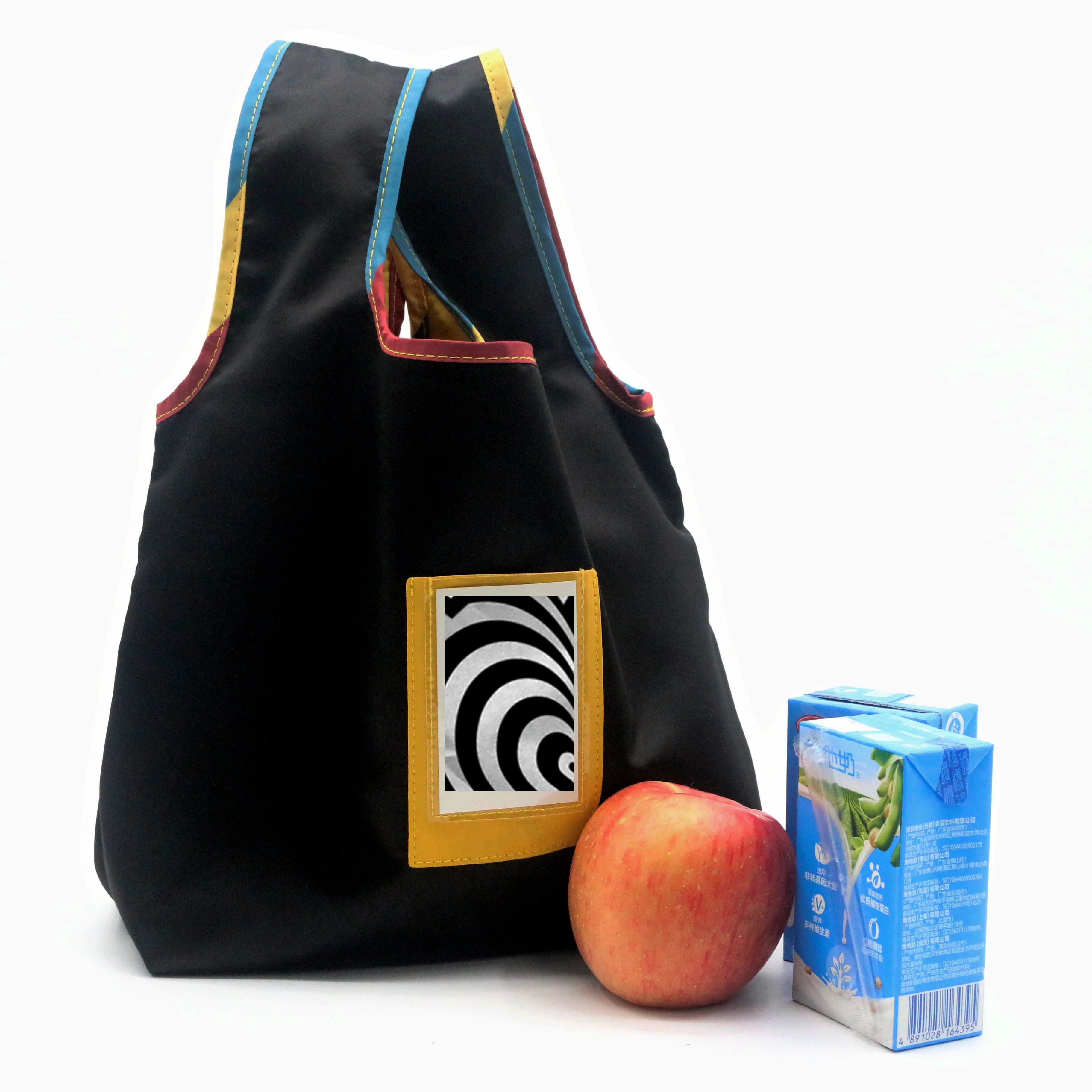 Wholesale Custom Logo Eco 210D rPET Foldable Grocery Bag Open Top Black Recycled Polyester Cute Folding Shopping Bag