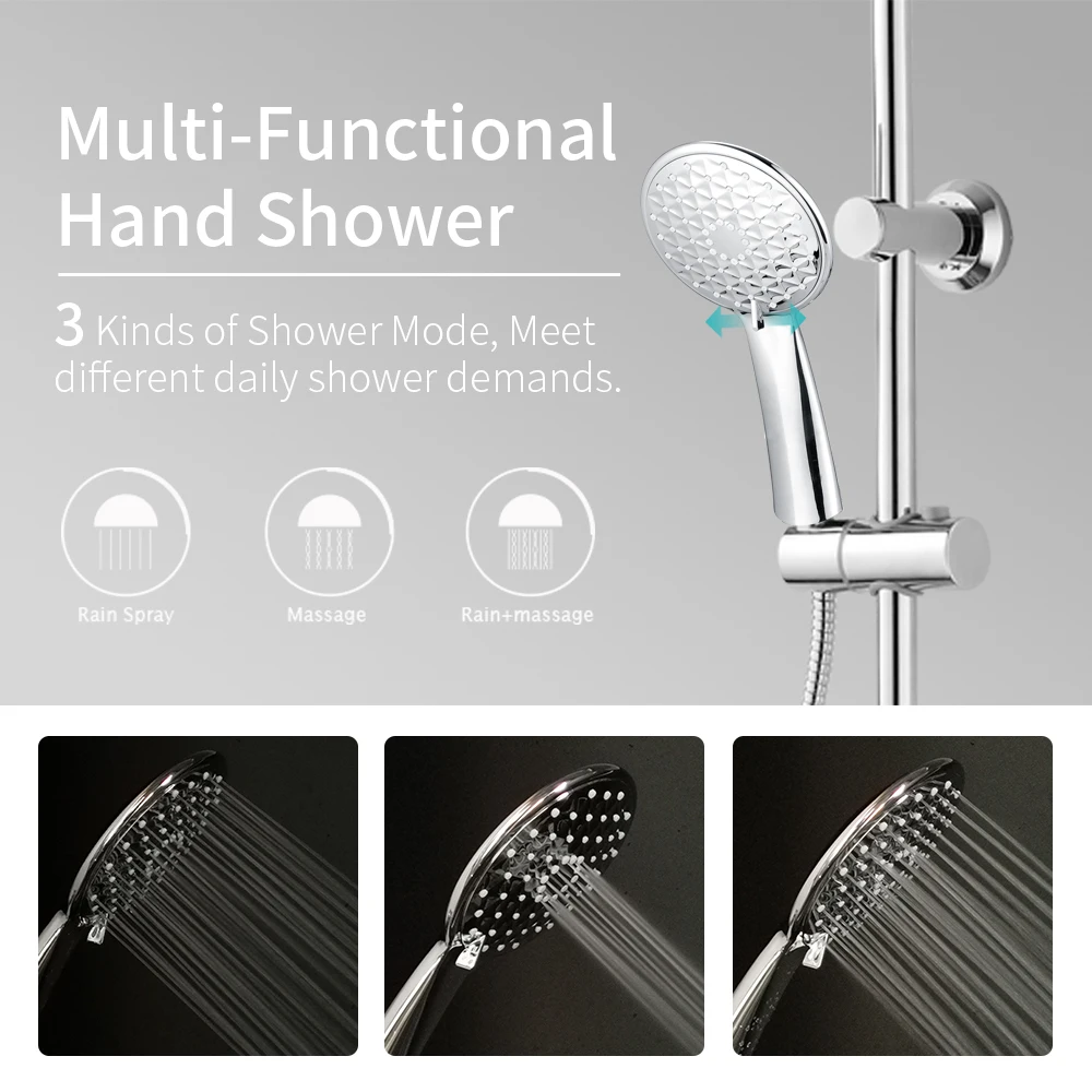 Household Chrome Round Top Shower Waterfall Showers Bathroom Set 3-Function Shower Set