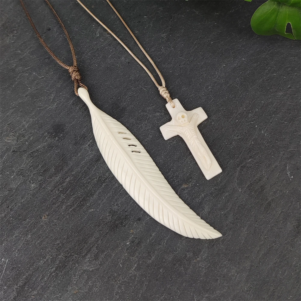 2024 New Arrivals Maya necklace yak bone carved feather charm necklaces cross with skeleton pendant Primitive tribes jewelry