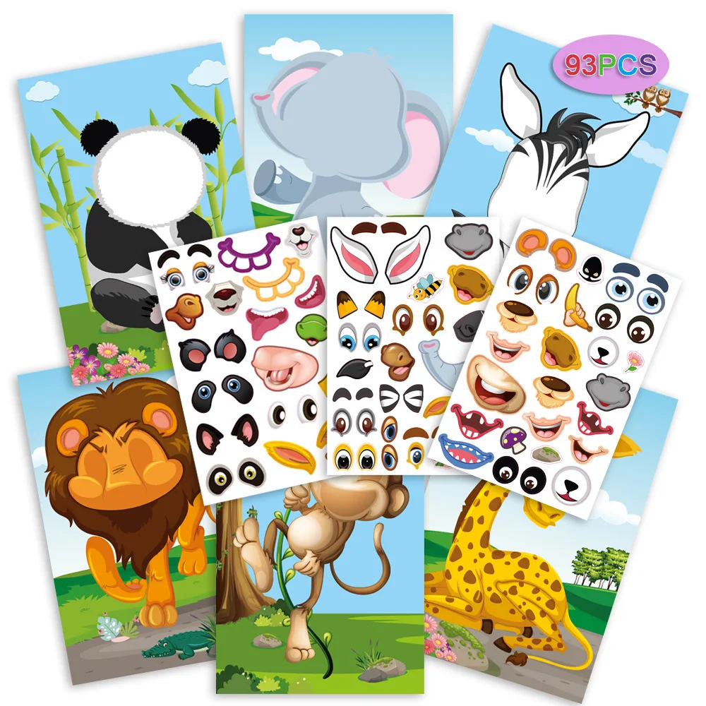 9 Sheets Make-a-Face Animal Stickers Mix and Match for Kids. dinosaur princess animal make a face sticker book