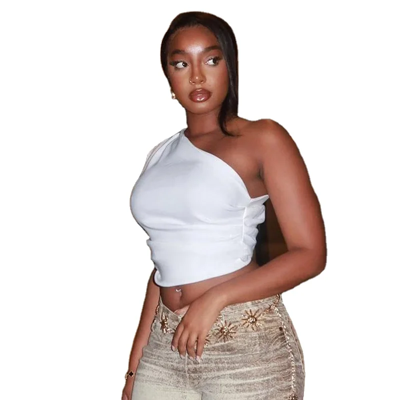 HANO White Elegant Fashion Diagonal Collar Tights Tanks Tops Sexy One Shoulder Crop Top Women Cyber Y2K Slim Pleated Vest
