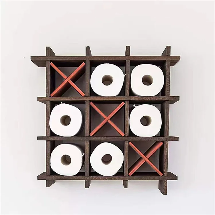 Rustic Wooden Toilet Paper Holder Tic Tac Toe Design for Wall Mounted or Freestanding Bathroom Tissue Roll Storage Organizer