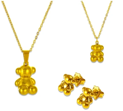 Three-dimensional Bear Pendant Necklace Earrings European and American Fashion Stainless Steel