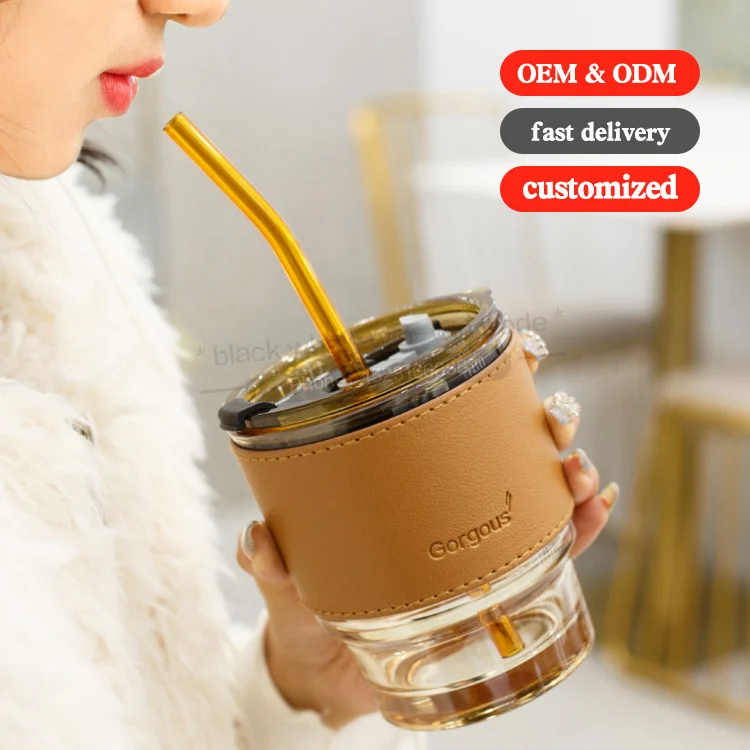 Custom ins Reausable Glass Coffee Tumbler with two use lid and straw 14 oz Bubble tea milk water mug Drinking glasses