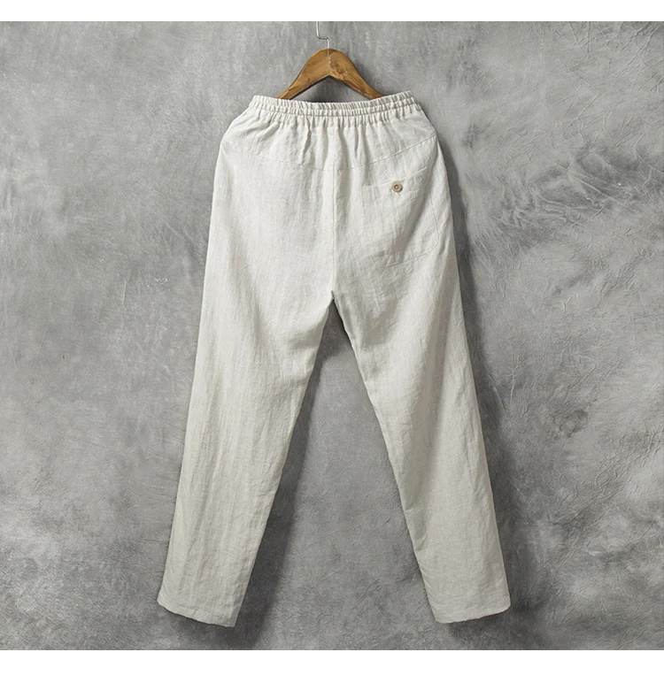 
OEM ODM Custom Spring Fall Straight Breathable Drawstring Loose Fit Men 100% Linen Pants 