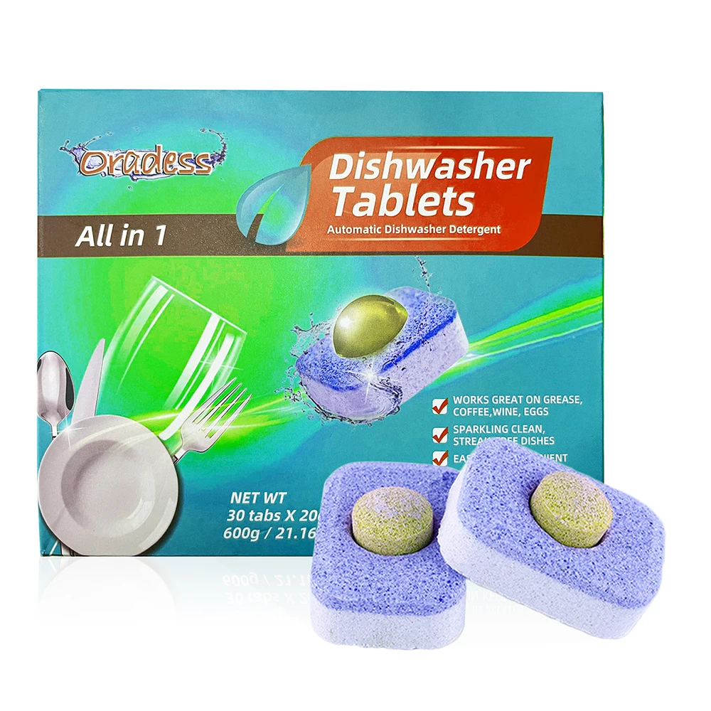 Oradess Factory Household Dishwasher Tablets Machine Color Box Detergent Solid Free Box Design 3 Years Free Service 20g/tablet