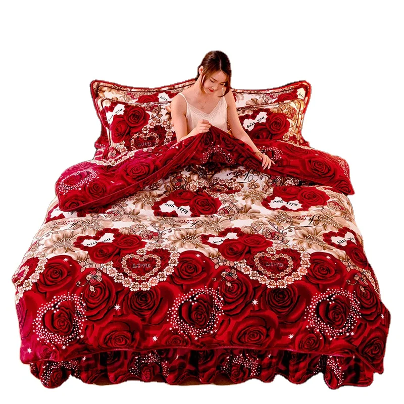 American Style Super Soft Warm Fluffy Plush Diamond Rose 4pcs Quilt Set Embroidery Curtain Bedding