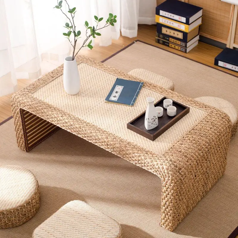 Contemporary Japanese Style Tatami Tea Table Solid Wood Coffee Table with Rattan Straw for Home Kitchen Use