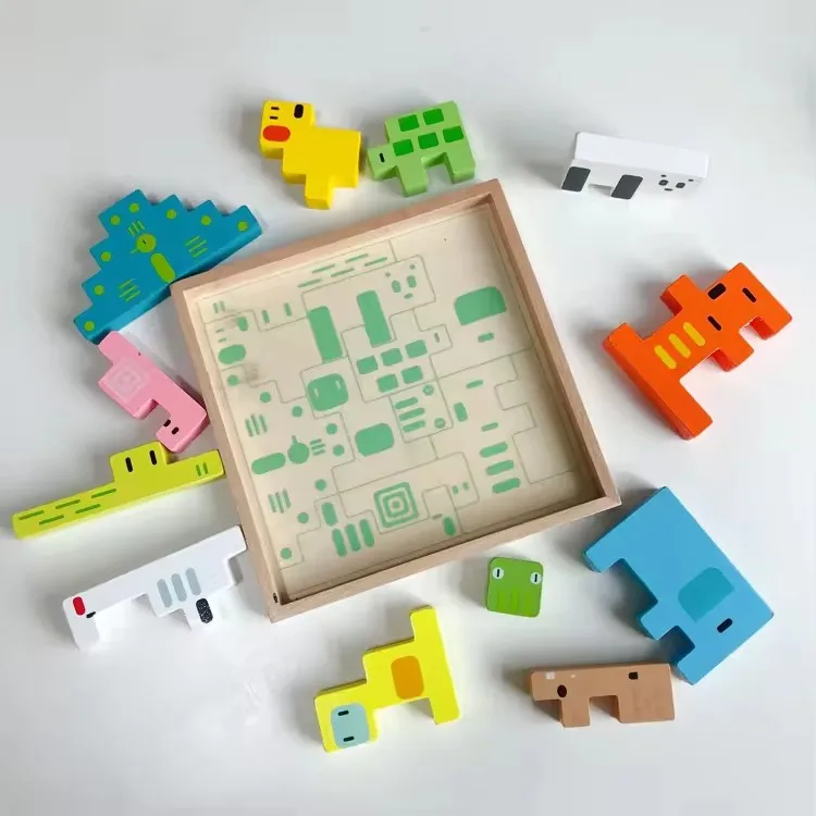 Square Geometric Tangram Pattern Animal Shape 3D Puzzles Brain Teaser Wood Block