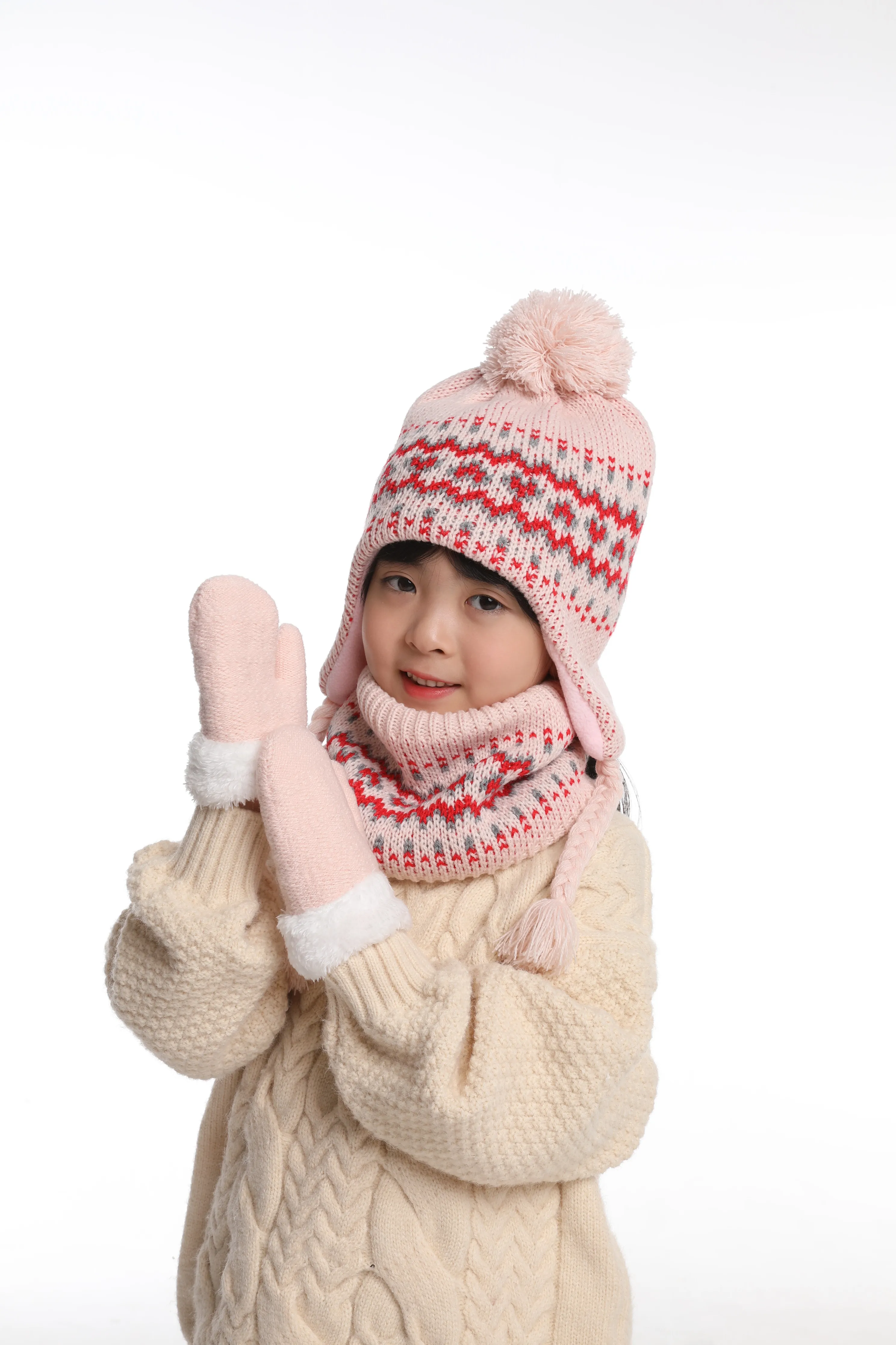 New Arrival  Kids Cute Warm Knitted Hat With Earflap Mittens and Scarf  Sets for Boys Girls