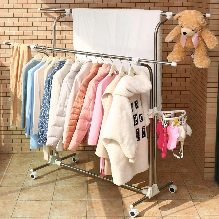 BAOYOUNI Movable Multi Functional Hanging Upright Clothes Telescopic Balcony Laundry Cloth Drying Stand Stainless Steel Rack