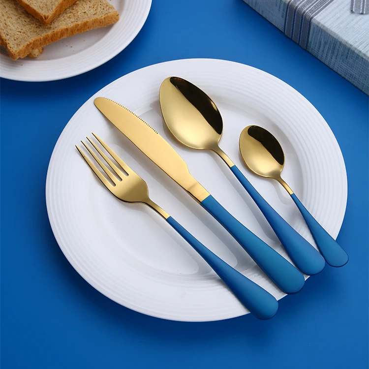 Custom Wholesale Stainless Steel Cutlery Set Blue Gold Flatware