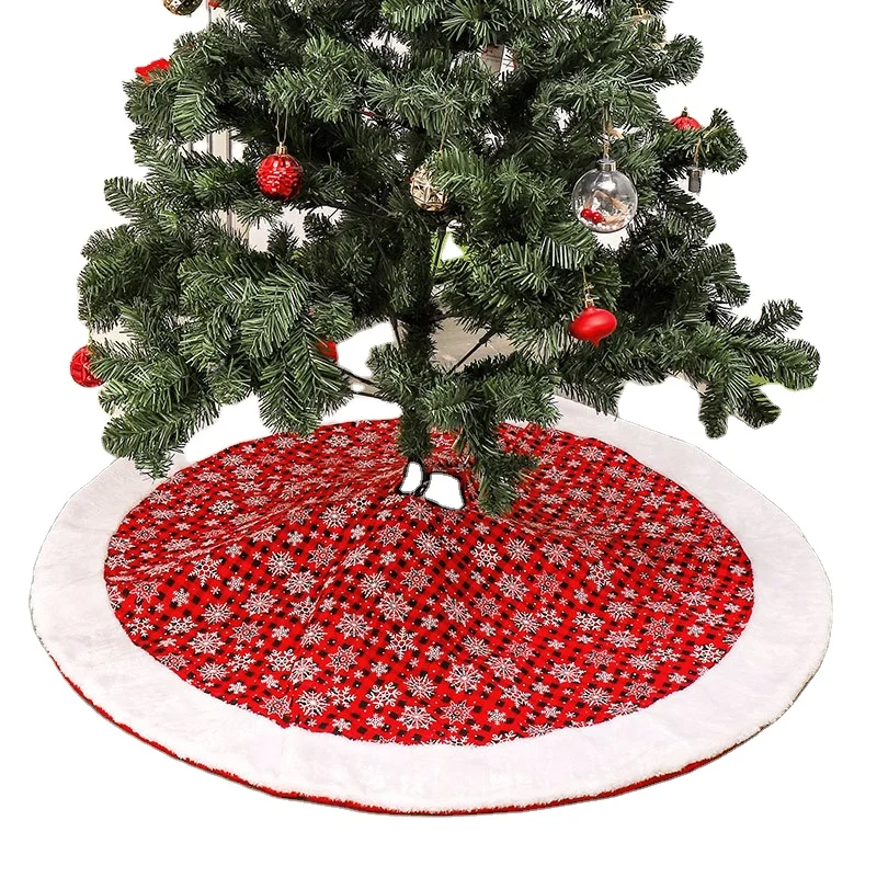 Round Fluffy Edge Red And White Plaid Tree Skirt Double Layer Xmas Tree Mat Elf Christmas Tree Skirt With Gift Sock Bag Kit