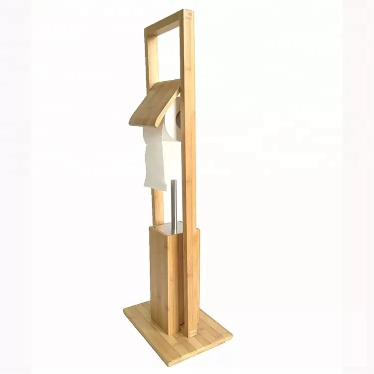 Space Saver for Bathrooms Wooden Bamboo Free Standing Toilet Tissue Paper Roll and Toilet Brush Holder