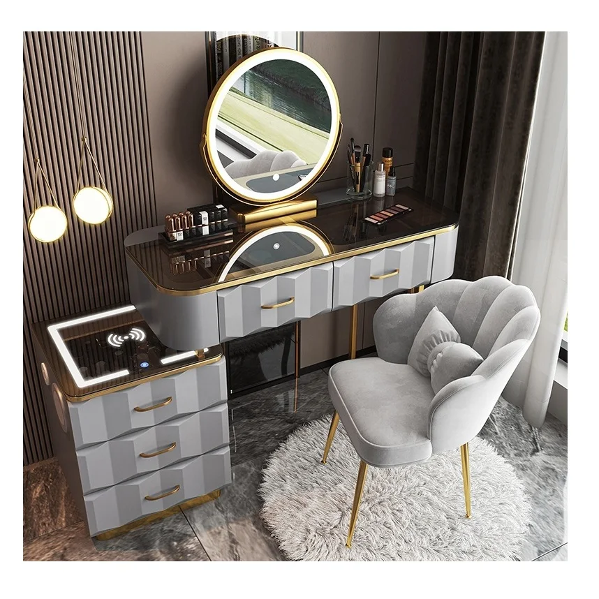Modern Style Wireless Charge Furniture Vanity Makeup Dresser Set Design Metal Feet Bedroom Dressing Table With Led Light Mirror