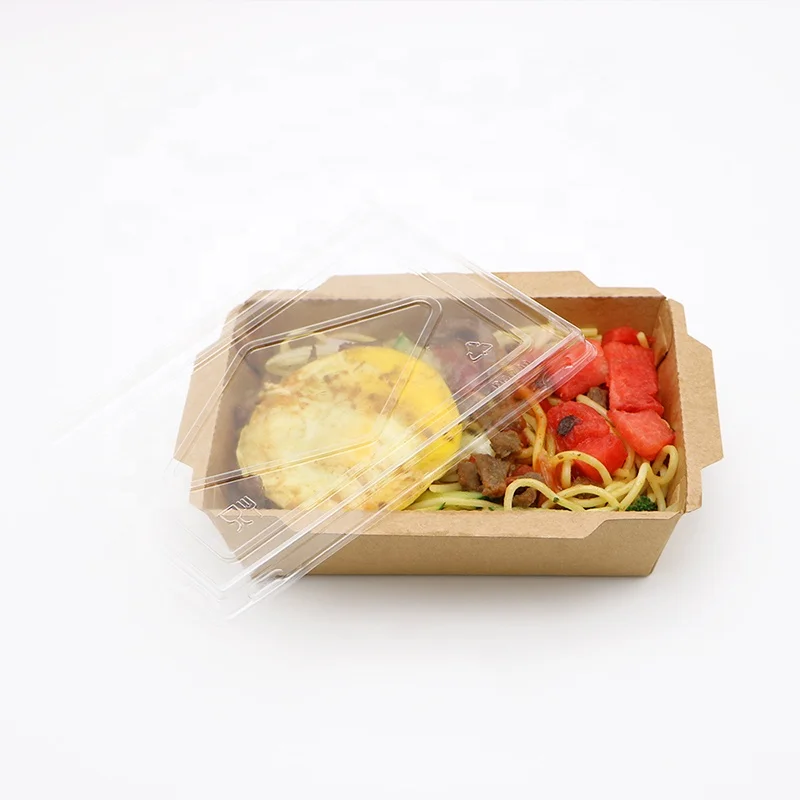 Biodegradable kraft food container water proof paper tray with plastic lid