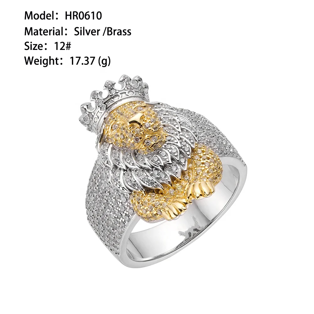 Rapper Hip Hop New Brass Clear Cz Two Tone Silver Plated Lion Ring For Men
