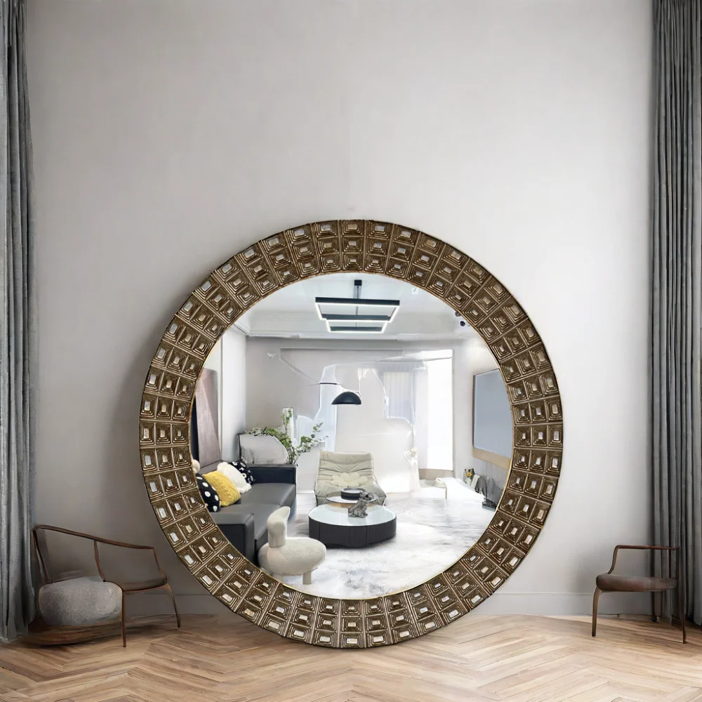 custom luxury salon bathroom home decor modern large round PU framed big circle full body hanging miroir wall mirror espejo