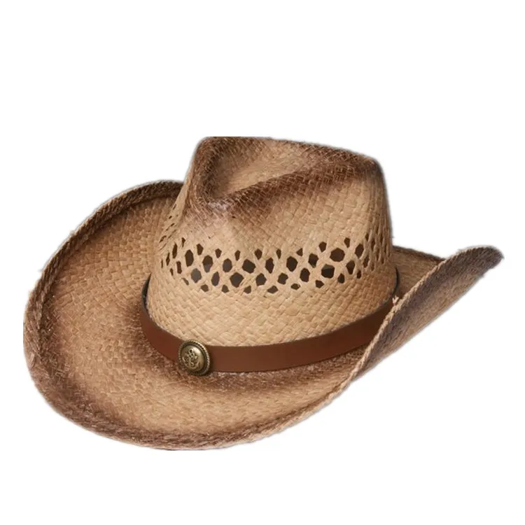 Hollow Design Vintage Print Raffia Straw Cowboy Hat with Fake Leather