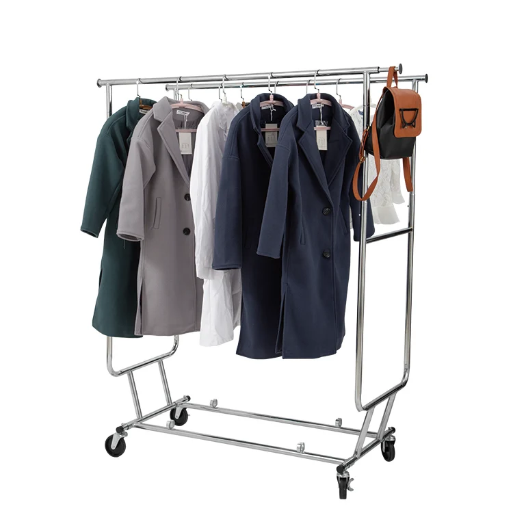 Factory Wholesale Double Rails Rolling Modern Heavy Duty Clothing Rack With Wheels Heavy Duty Clothing Garment Rack