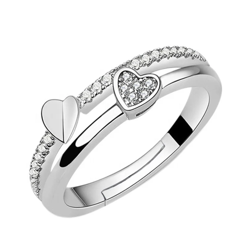 Hot Selling Items Jewelry Two Heart Adjustable Charm Ring Handmade Wholesale Women 92.5 Sterling Silver Open Heart Wedding Ring