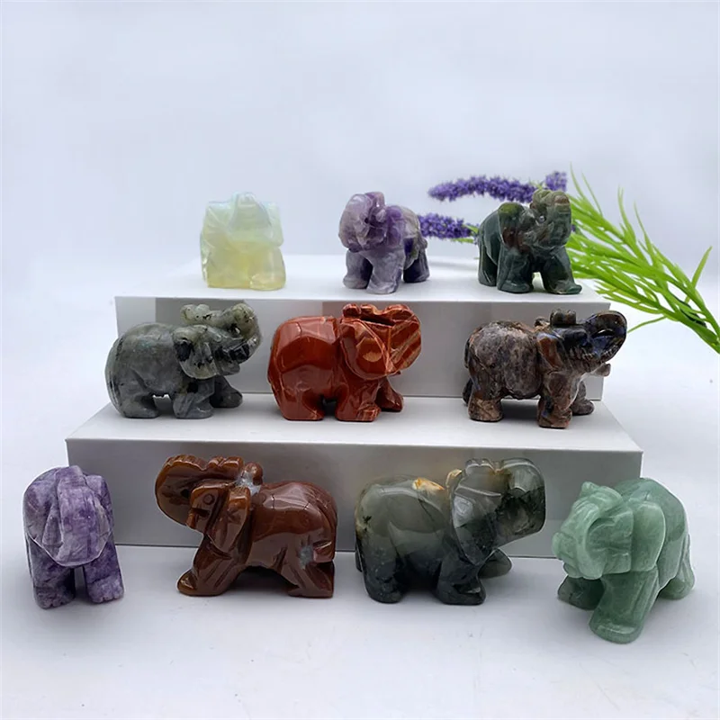 Natural Animal Stone Crystal Elephant Statue Figurine Carved Gemstone Elephant for Home Decoration Gift