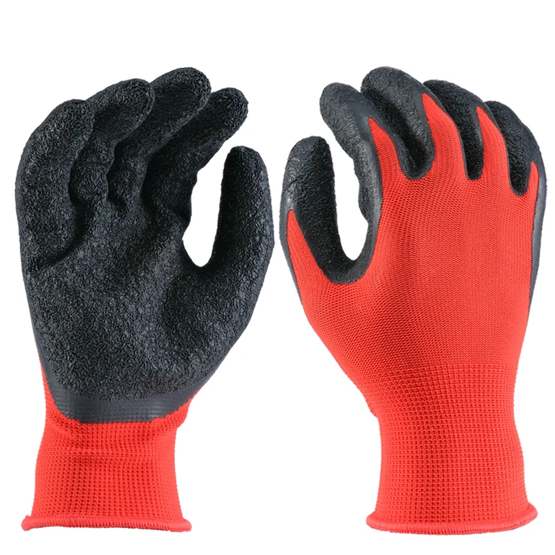 13G Red Working Polyester Gloves Latex rubber Coated Gloved Crinkle wrinkle palm  Finish Gloves for hand protective (1600479110349)