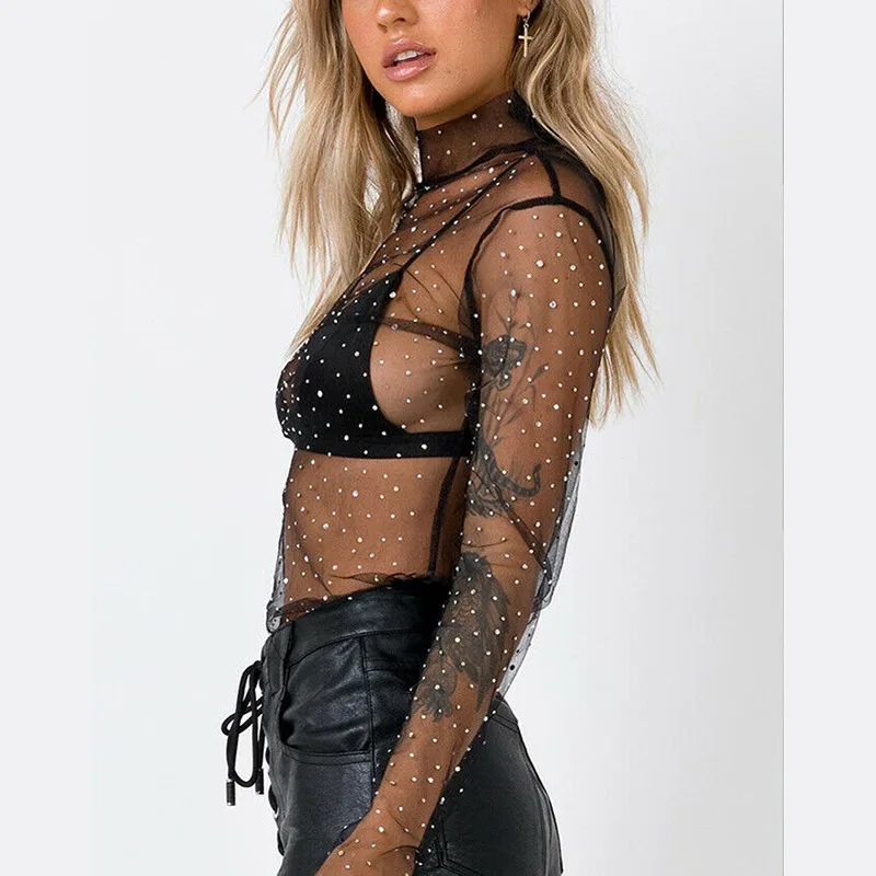 Women Korean Long Sleeve Fishnet T Shirt Tops Mesh See Through Women Black Sequin Blouse