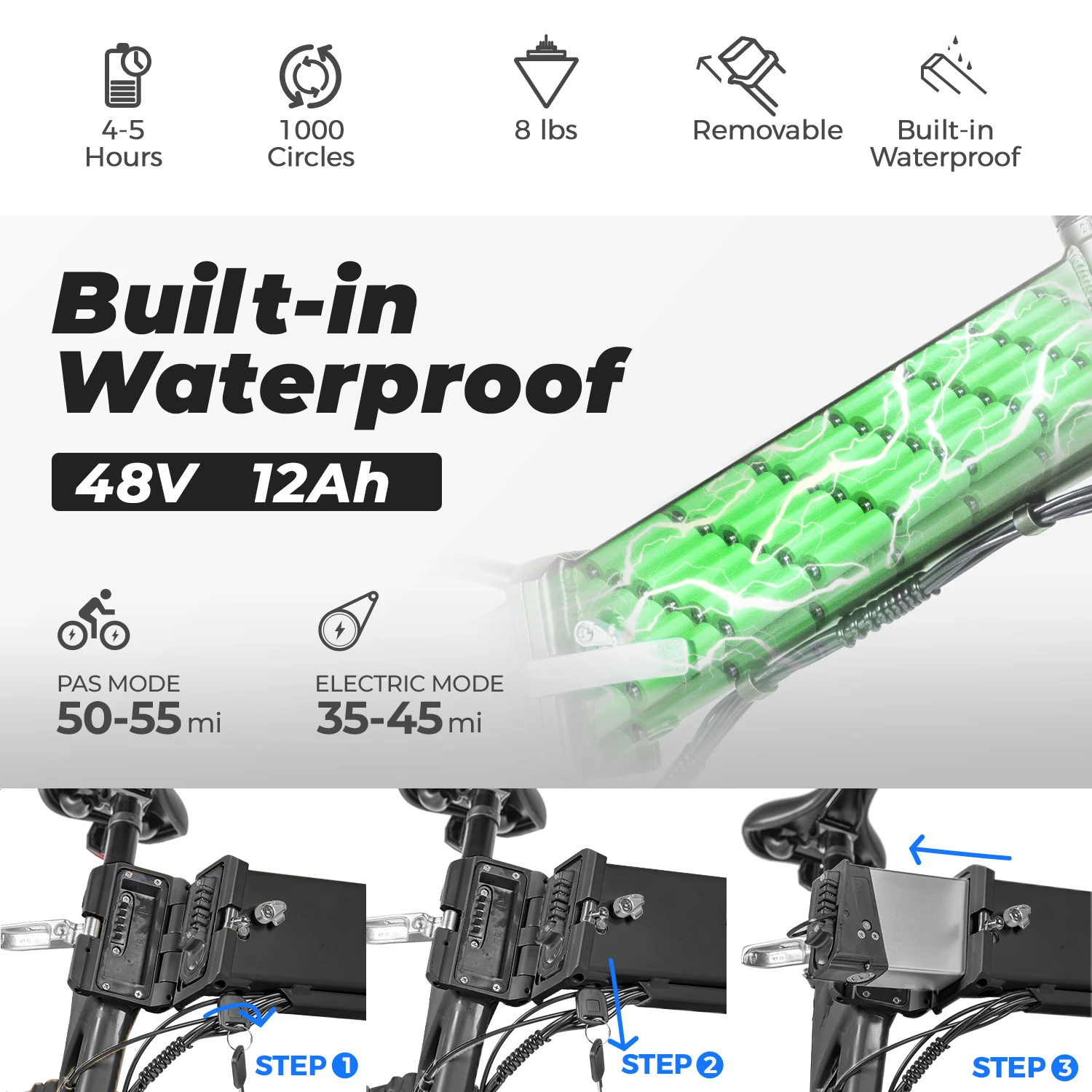 Складной электрический велосипед Paselec с толстыми шинами, складной велосипед, 20 дюймов, электровелосипед, 8 скоростей, с батареей 12 Ач