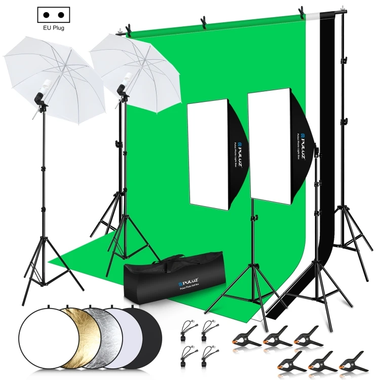 PULUZ Photography Kit LED Light+Studio Softbox+Background+ Reflective+Tripod Mount+Carry Storage bags Kit