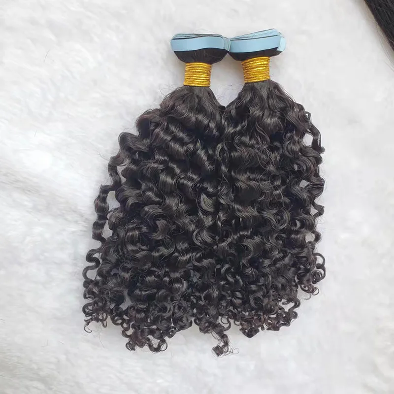 Fast shipping 100% real European unprocessed natural Raw virgin human Hair black Color burma curly Tape In Hair Extension