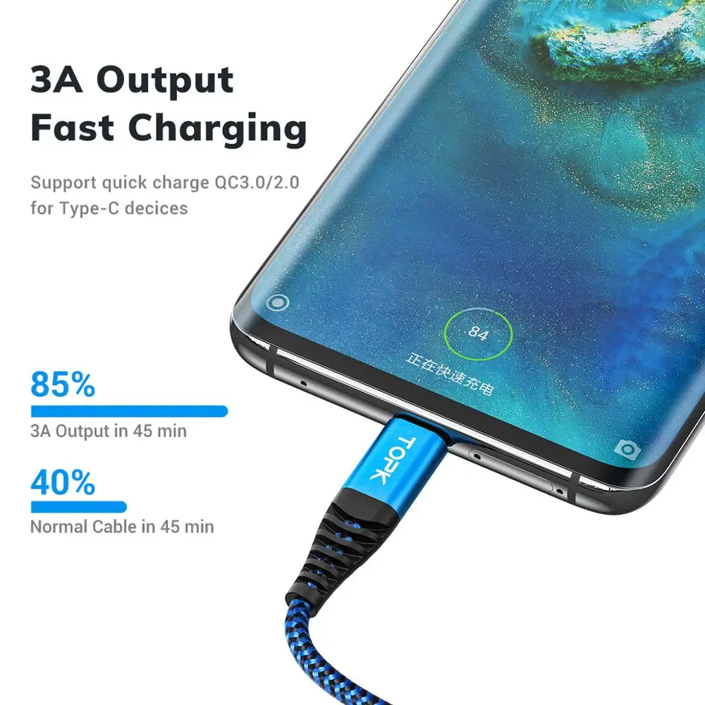  TOPK AN24 1 м (3 3 фута) 3A QC3.0 позолоченный нейлоновый Плетеный USB кабель для передачи данных Type C Iphone Samsung зарядное