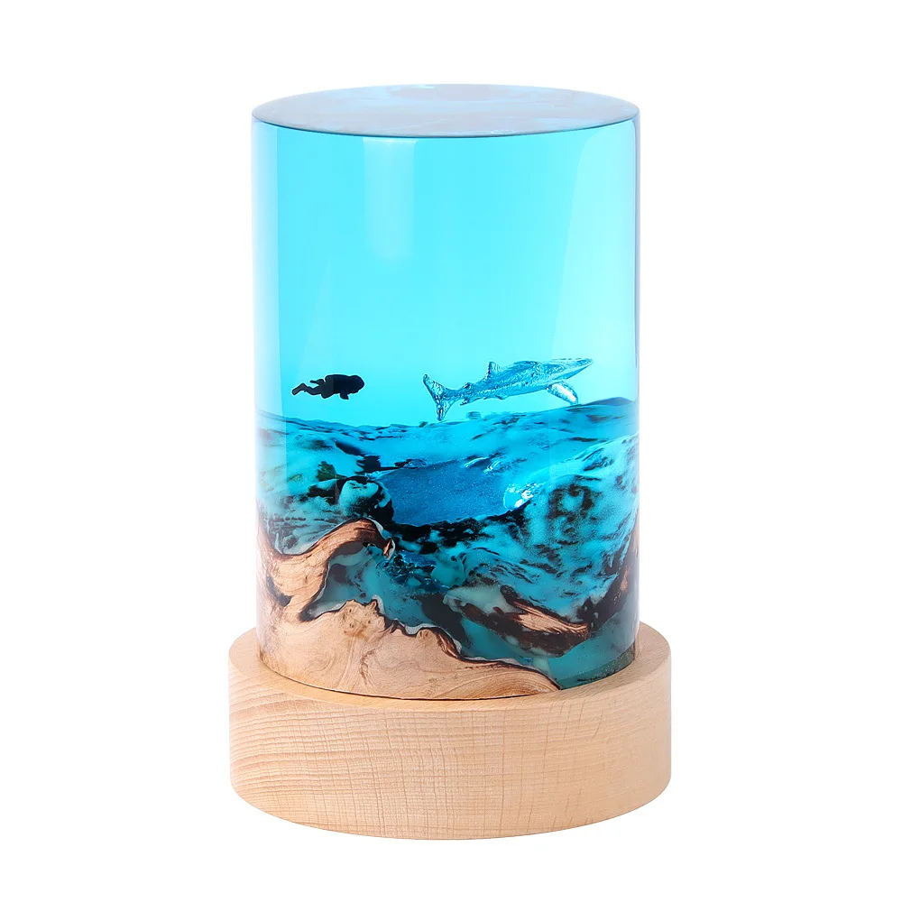 Creative New Design round Resin Table Lamp with Epoxy Resin Wooden Base LED Night Light for Bedroom Reading Desk Home Decoration