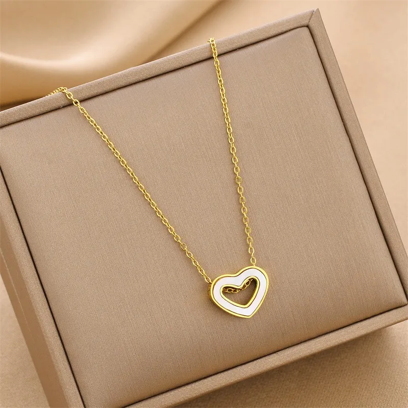 Gold Plated Stainless Steel Pearl Zircon Clover Bow Heart Layered Pendant Necklace Women Opal Letter Pendant Necklace