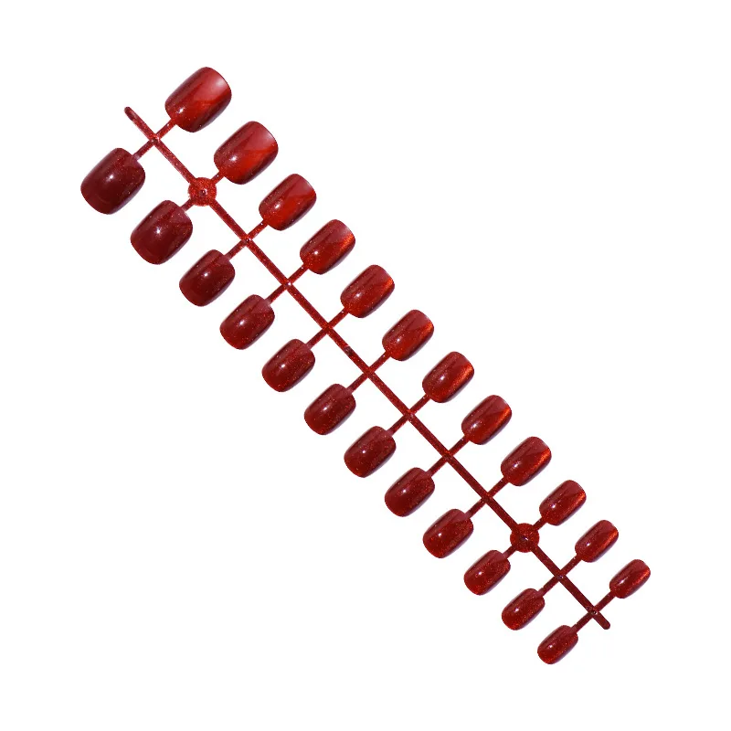 24 Pcs/Strip Square Cat Eye Press On Nail Tips Champagne Glittering Artificial Nails Red Cat Eye False Nails